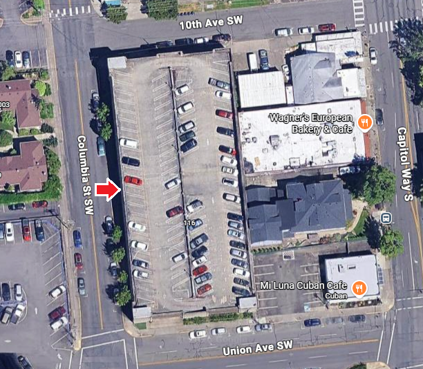 Aerial map showing drive-thru entrance on Columbia St SW